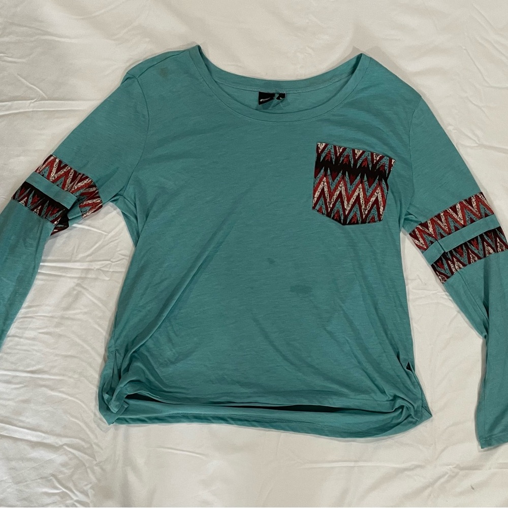 Chic Teal Long Sleeve Top with Patterned Details